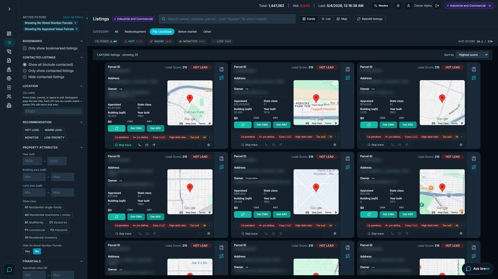 Advanced listings in card view: scored parcels with signals, comparable-value actions and skip trace