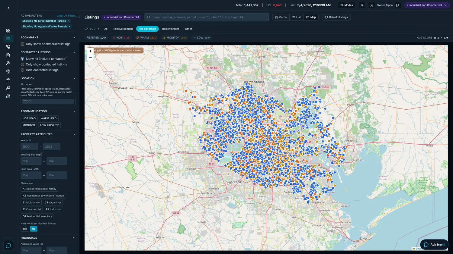 Advanced listings in map view: scored parcels plotted across the Houston metro