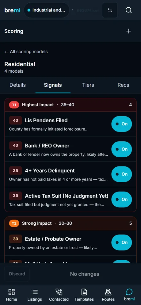 bremi on a phone: a scoring model's signals, each with its point weight and an on/off toggle, above the app's bottom navigation