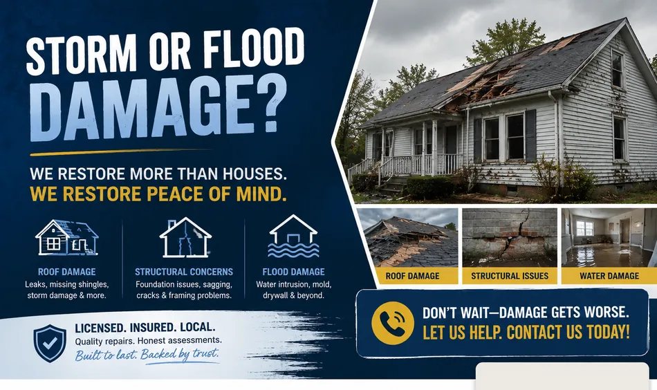 Restoration contractor postcard template: storm or flood damage