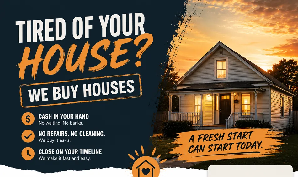 Wholesaler postcard template: tired of your house, we buy houses
