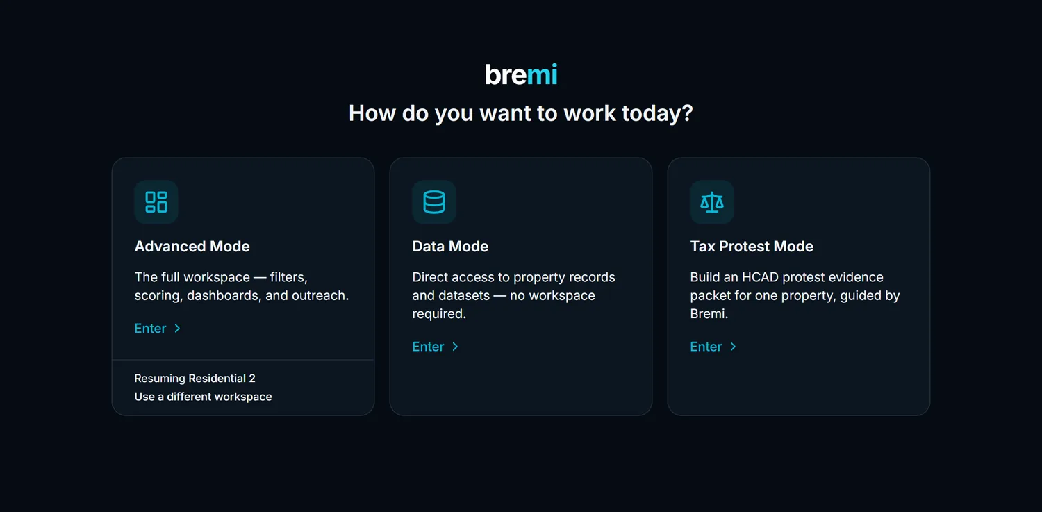 The bremi mode chooser: Advanced Mode, Data Mode and Tax Protest Mode